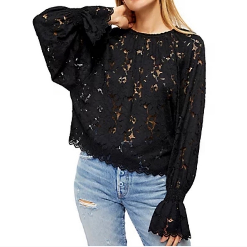 Free People Olivia Black Lace Top with Poet Sleeve